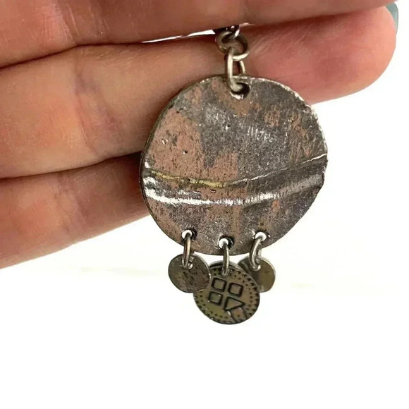 Silver Tone Metal Dangle Round Earrings Two Tone Design Unique - Picture 2 of 8